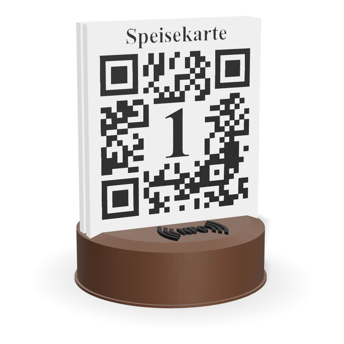 Tischständer mit QR-Code und Tischnummer, schräg von vorn