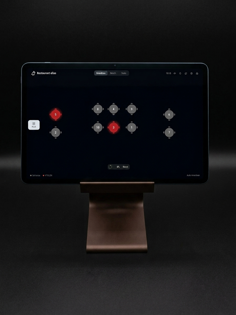 Tapbell Service-Display: Tablet am Tresen mit allen Tischen im Blick